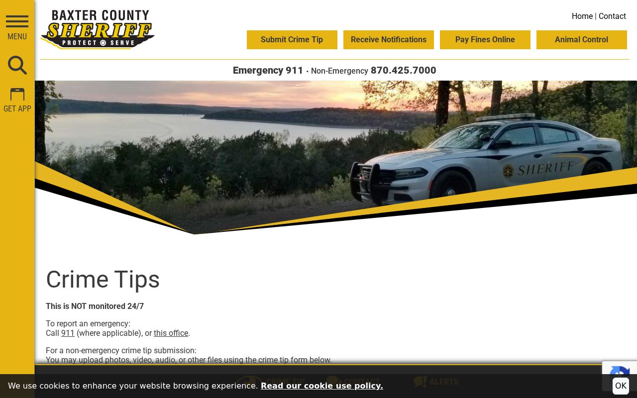 Baxter County warrant search crime tip upload form boundary