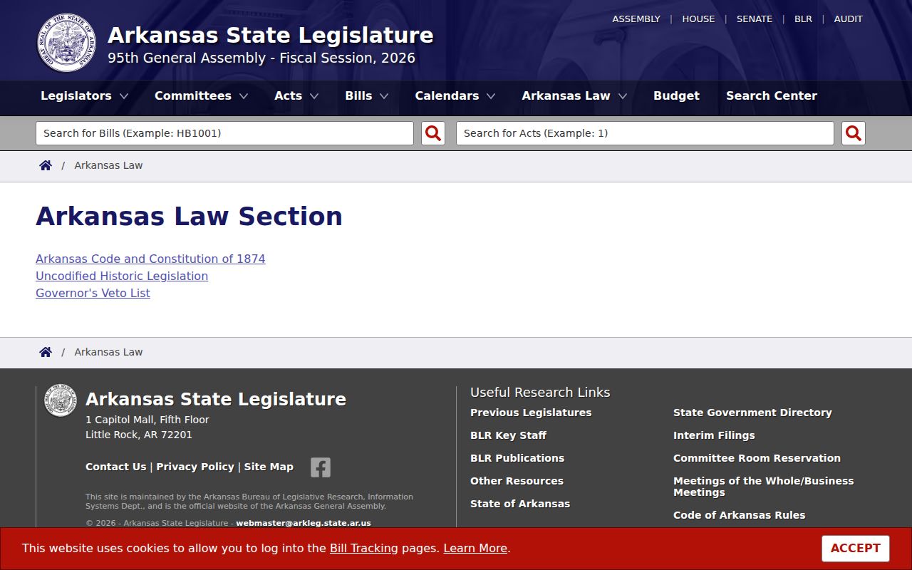 Arkansas General Assembly official code search landing page