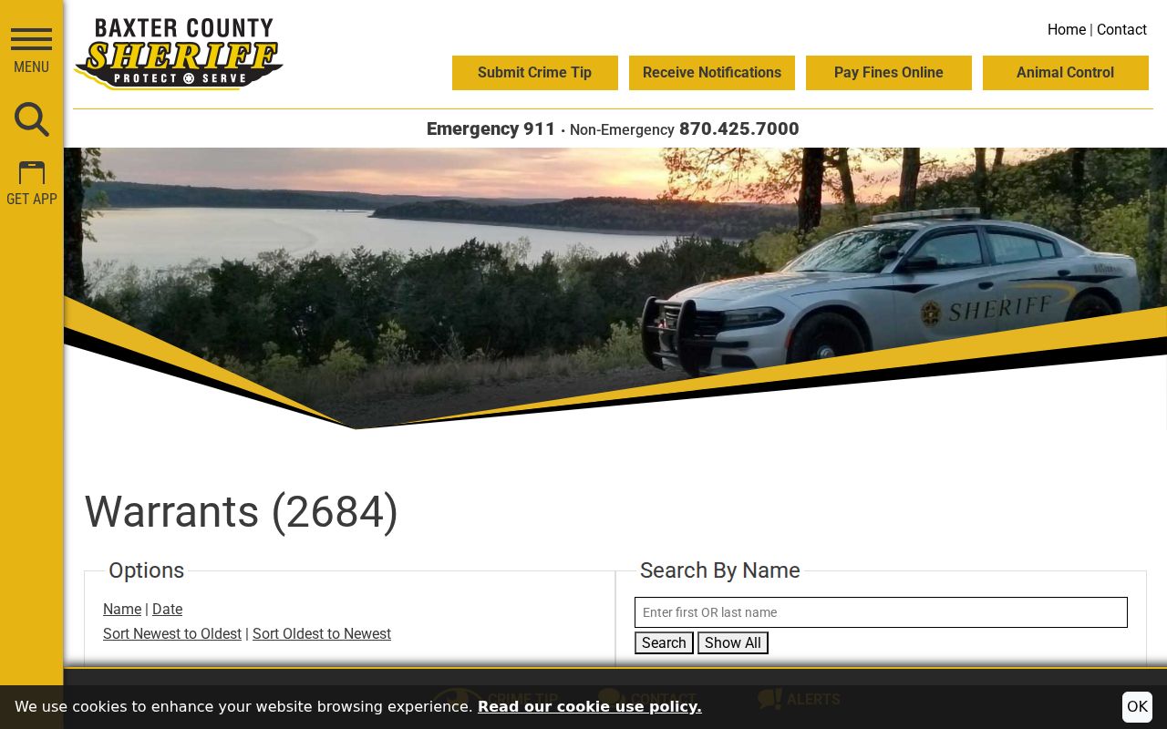 Blank Baxter County Sheriff warrant search controls