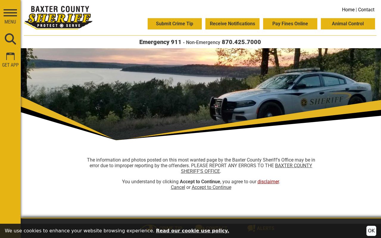Baxter County Sheriff most-wanted accuracy disclaimer